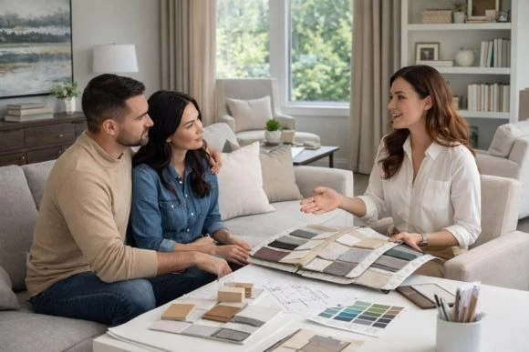 Interior designer consulting with Guyana clients via video call