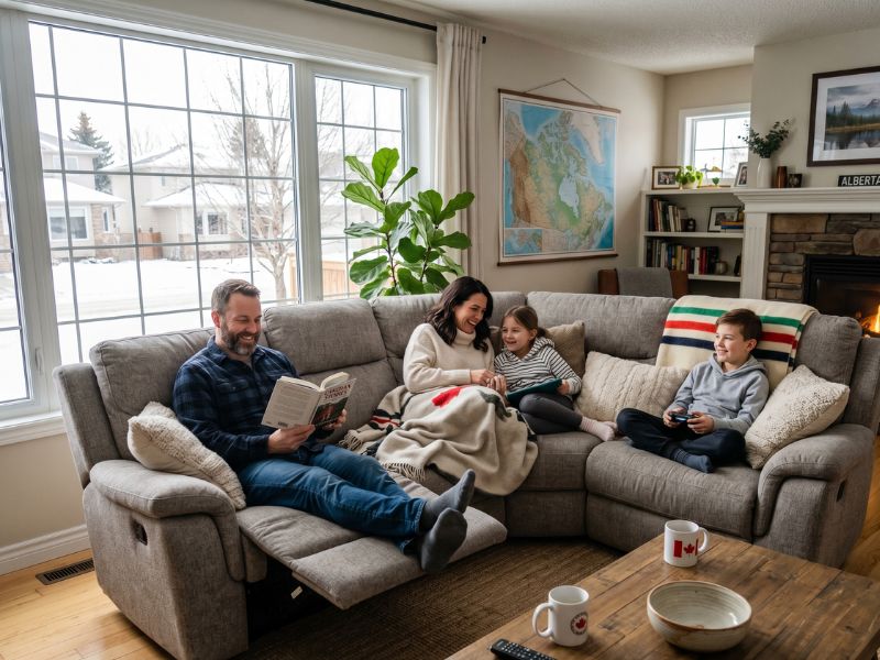 Family relaxing on a large fabric reclining sectional sofa in a bright Canadian living room