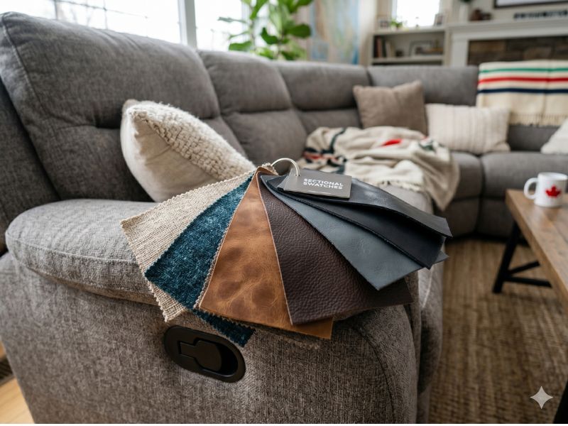 Close up of fabric and leather upholstery swatches on a sectional sofa armrest