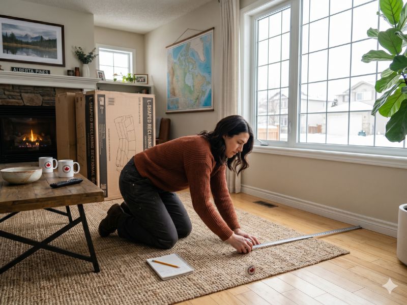 Person using a tape measure on a living room floor before placing a sectional sofa