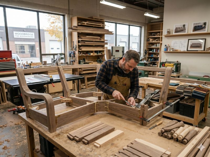 Craftsman assembling a solid wood reclining sectional sofa frame in Woodbridge Ontario