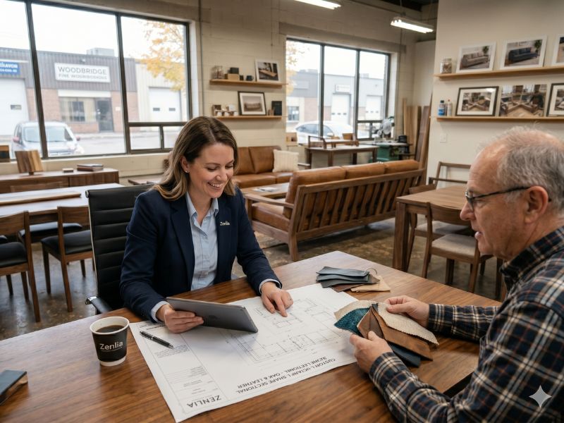 Zenlia team member reviewing custom furniture order details with a customer in Woodbridge showroom