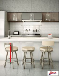 modern minimalist kitchen with white quartz countertop island and three beige upholstered swivel custom bar stools featuring wood frames by Amisco and Zenia, with built-in stove and hanging cookware in the background