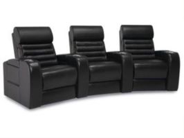 Three-seat curved black leather home theater seating with power recliners, channeled backs, pillow headrests, and lighted cup holders in armrests