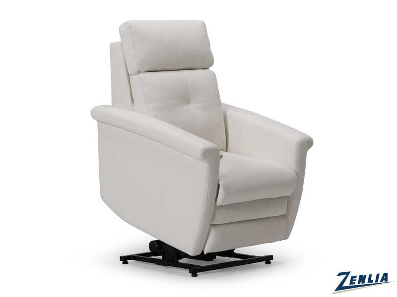 Navy blue leather lift chair with recliner from Zenlia, featuring a high backrest, plush padded arms, remote control hanging from the side, and lift/recline mechanism with extended footrest