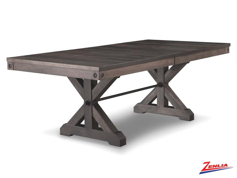 A dark wooden dining table with a sturdy rectangular top and distinctive X-shaped legs, featuring metal accents and a crossbar for added support, set against a plain white background.