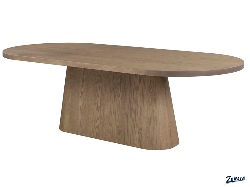 A sleek wooden dining table with an oval top and a sturdy, tapered base, showcasing a natural wood grain finish.