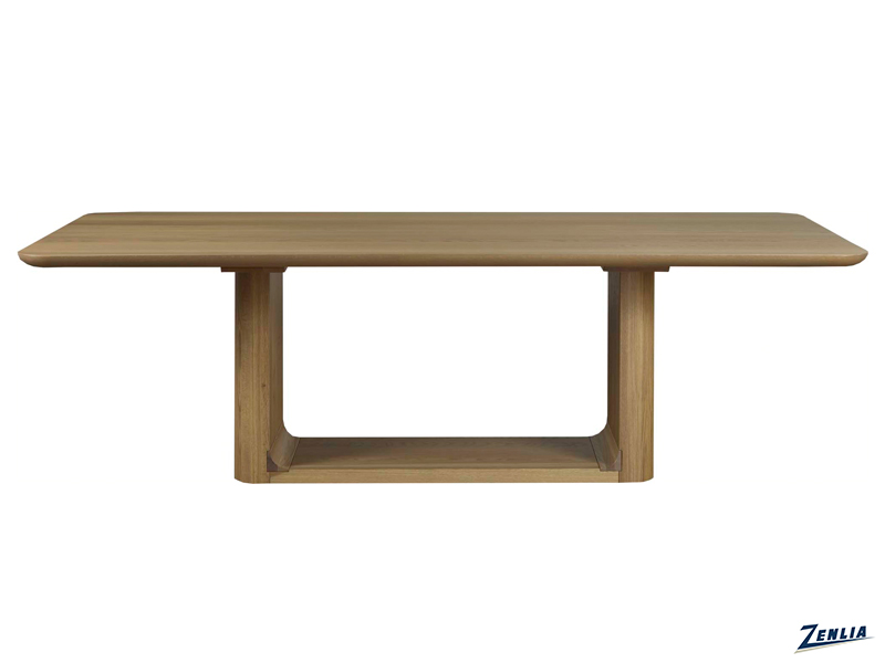 A sleek wooden table with a rectangular top and sturdy legs, featuring a minimalist design and a natural wood finish.