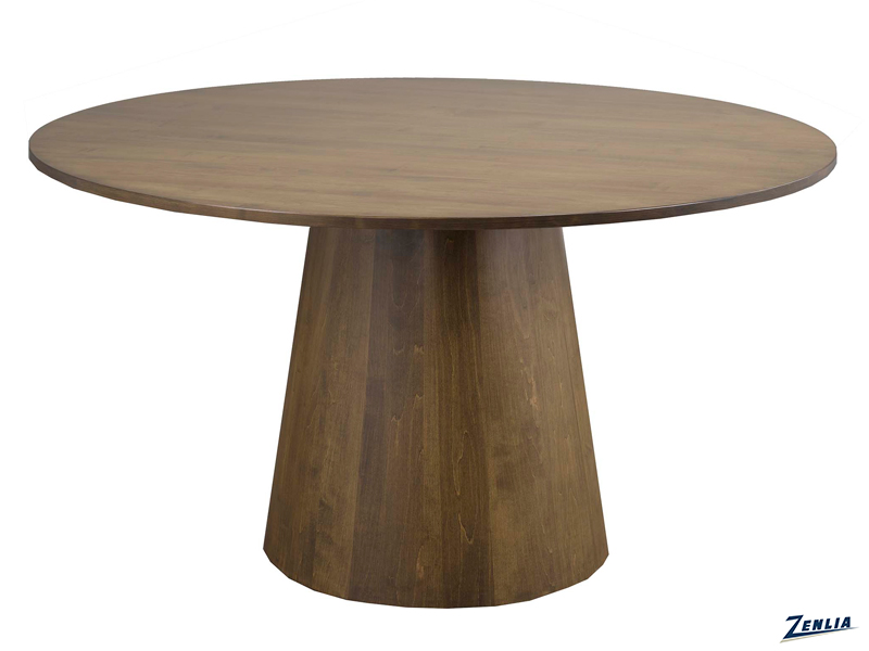 A round wooden table with a smooth, polished surface and a sturdy, tapered pedestal base, set against a plain white background.