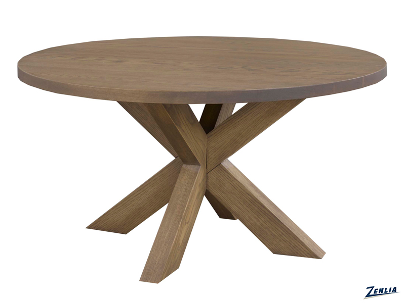 A round wooden table with a smooth surface and a distinctive crisscrossed base, set against a plain white background.