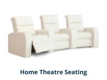Three-seat curved black leather home theater seating with power recliners, channeled backs, pillow headrests, and lighted cup holders in armrests